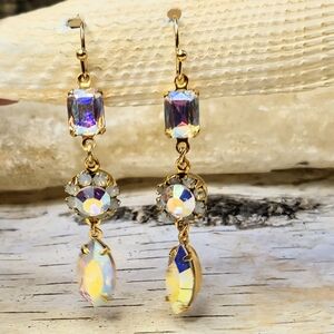 Sparkling Swarovski White Crystal & Opal Flower In Drop Gold Plated Earrings